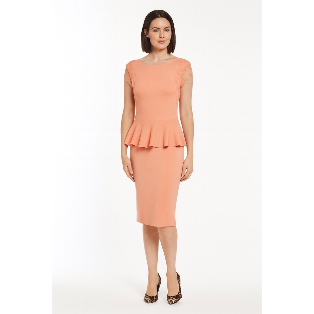 Eva Mendes Peach Pink Peplum Ruffle Lace Knit Dress Size M
